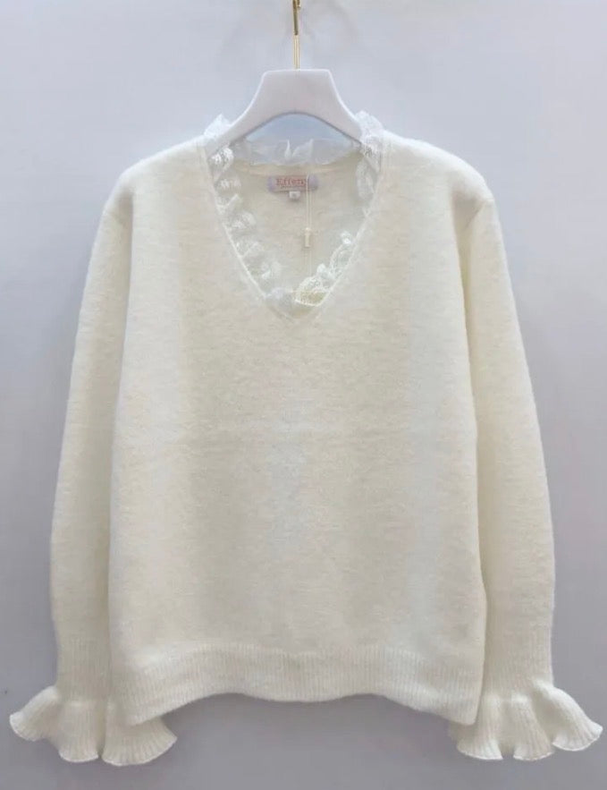 🤍 Feinstrick-Pulli mit Spitze & Rüschenärmeln – classy & zeitlos