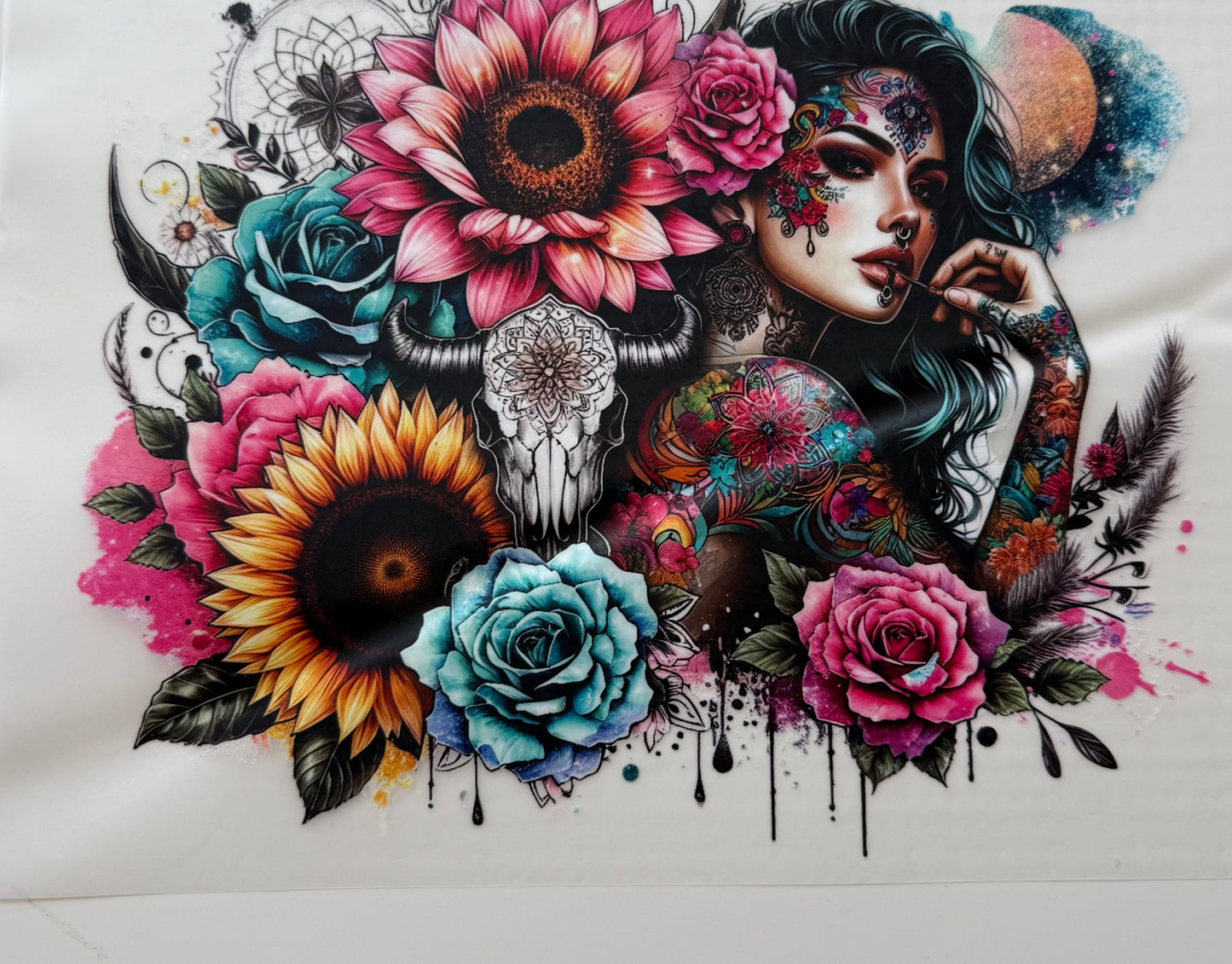 Textil-Sticker Tattoo girl und Blumen