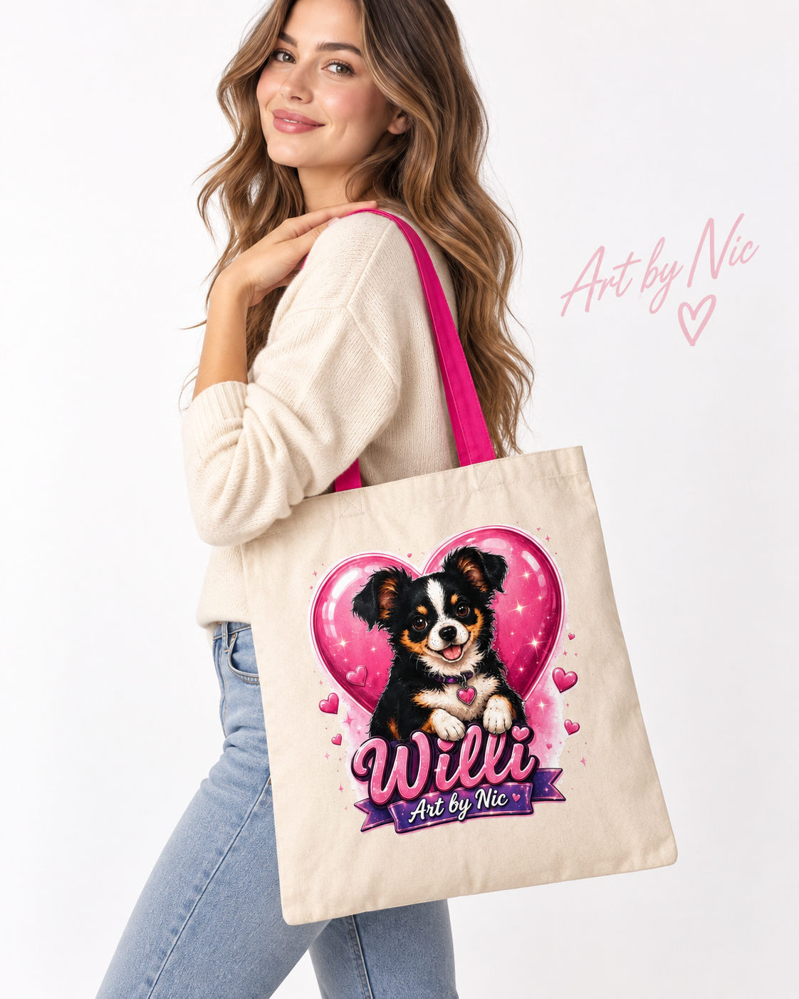🩷 Willi Baumwolltasche – Art by Nic Edition Willi zum Mitnehmen! 🐶💗