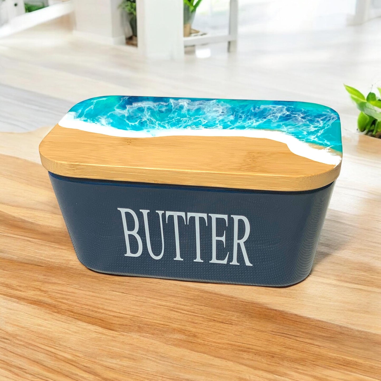 Butterdose mit Ocean Art Deckel aus Resin Bambus Keramik handveredelt maritime Kuechendeko Geschenkidee Unikat Küchenaccessoire