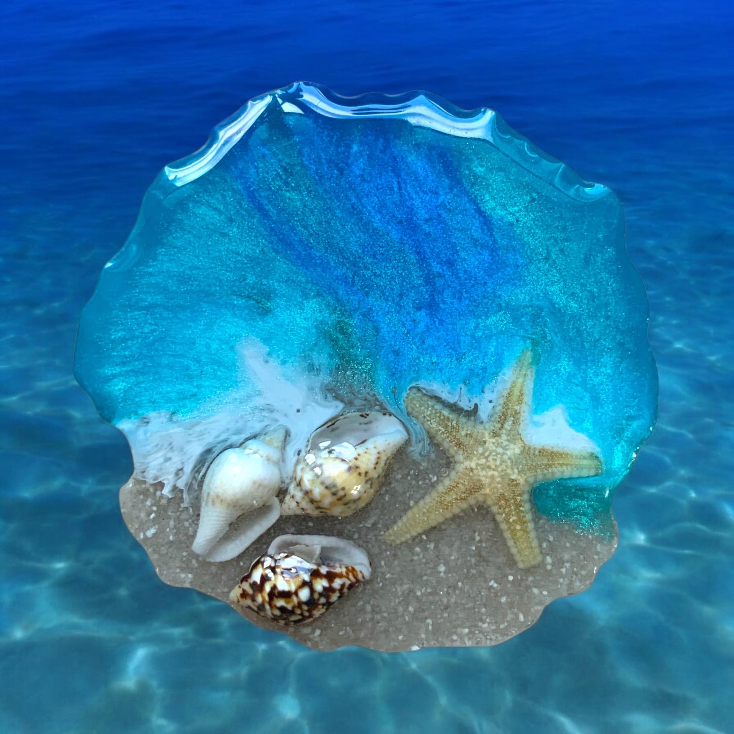 Handyhalter Ocean Art Resin mit Muscheln und Sand Handgemacht Handy Grip Pop Socket Smartphone Halterung Meer Seestern Glitzer Blau Handy