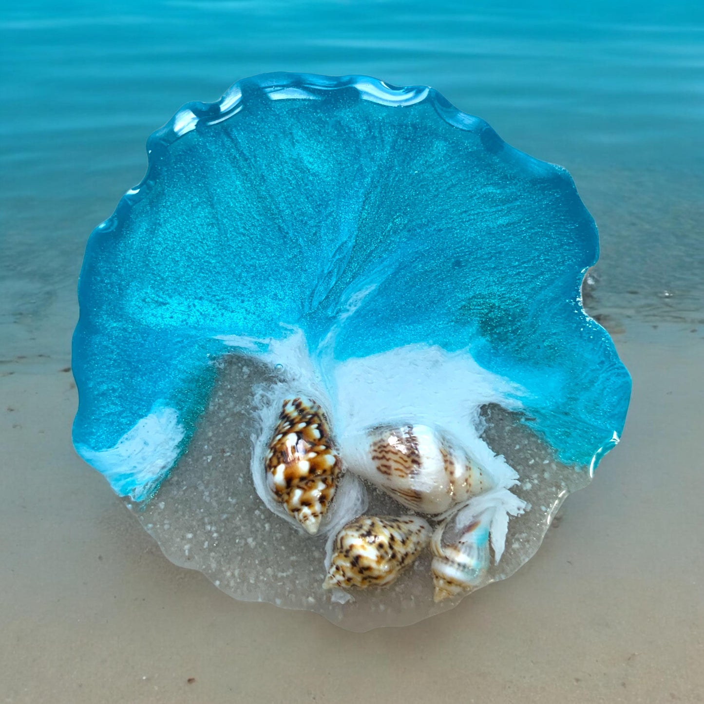Handyhalter Ocean Art Resin mit Muscheln und Sand Handgemacht Handy Grip Pop Socket Smartphone Halterung Meer Seestern Glitzer Blau Handy