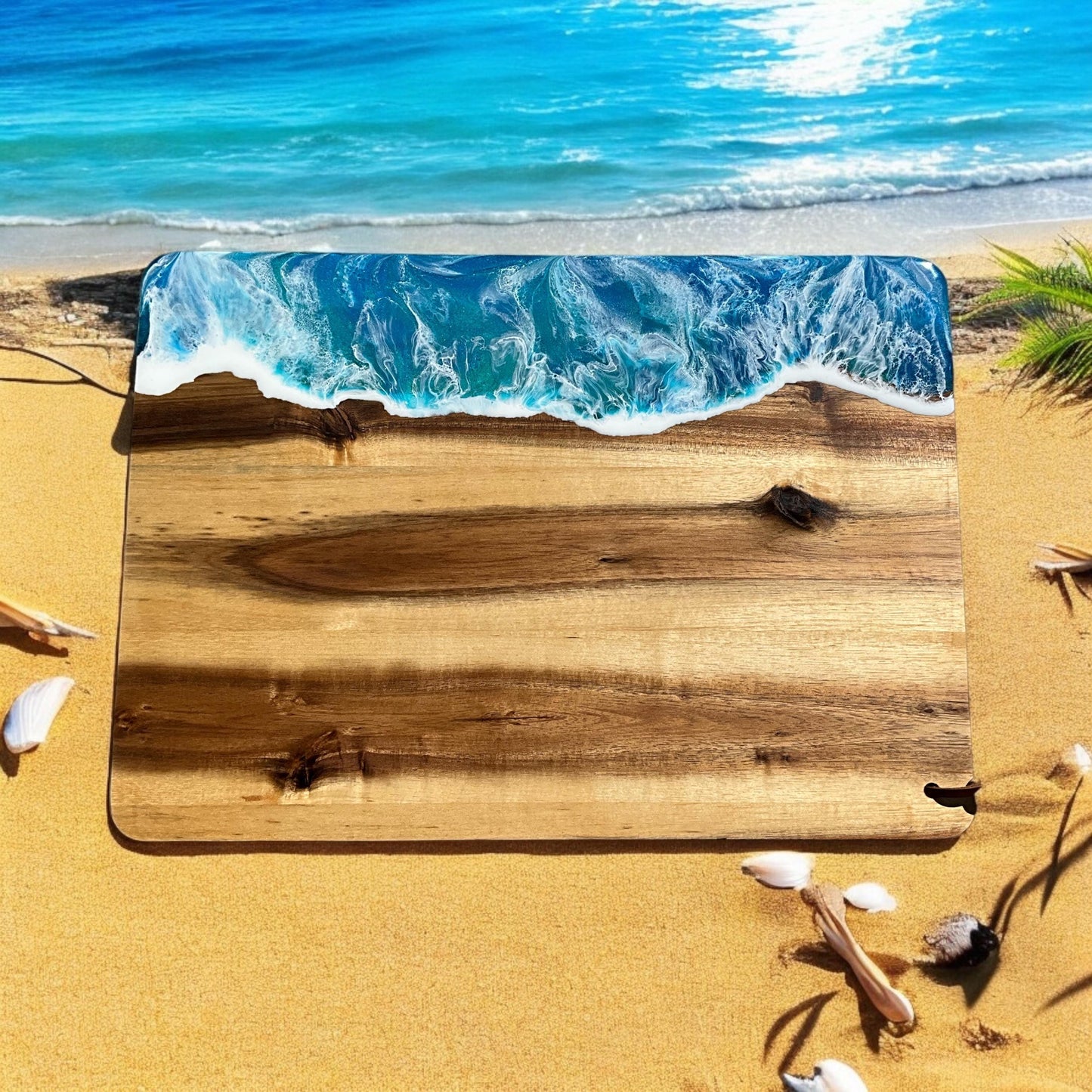 Großes Brett ocean art Servierbrett Käsebrett Akazienholz Schneidebrett Designbrett Wellen Holzbrett mit Wellen Geschenke maritim Meer