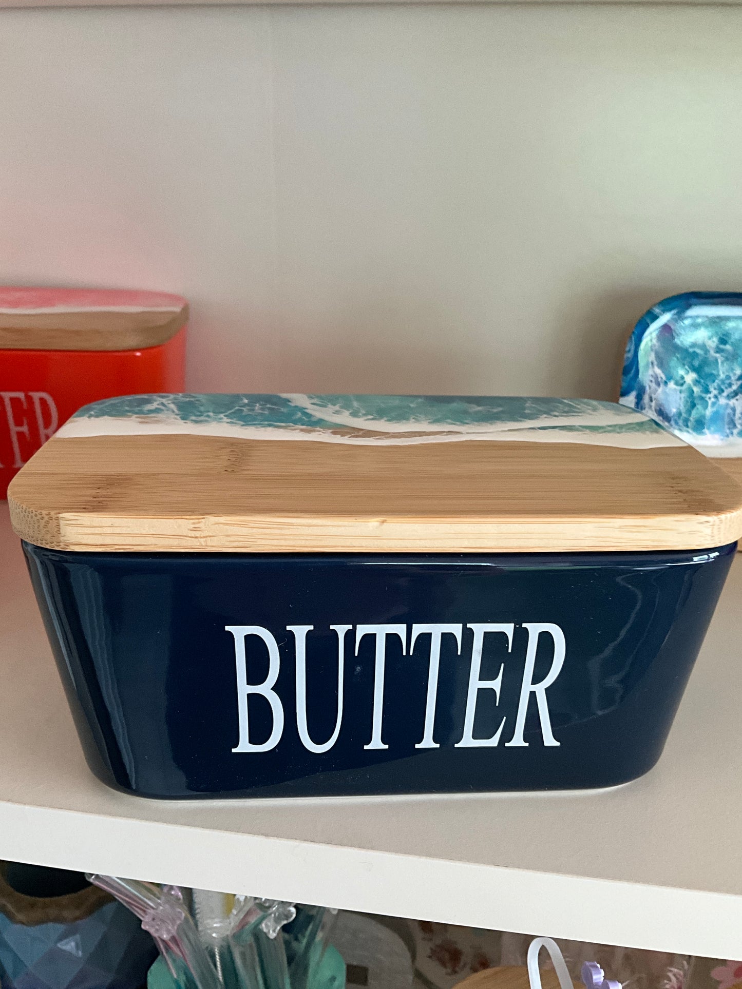 Butterdose mit Ocean Art Deckel aus Resin Bambus Keramik handveredelt maritime Kuechendeko Geschenkidee Unikat Küchenaccessoire