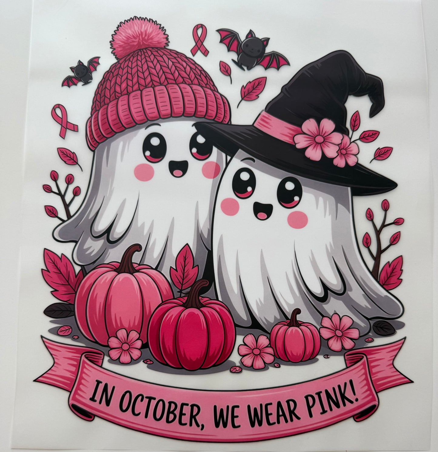 Textil-Sticker In Oktober we wear pink süße Geister