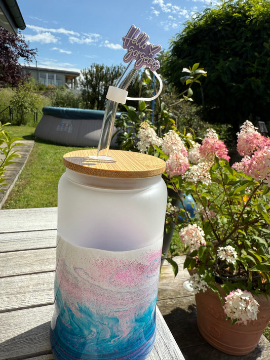 Design Trinkglas in Wunschfarben gegossen mit Resin, frostet oder klar mit Bambusdeckel.