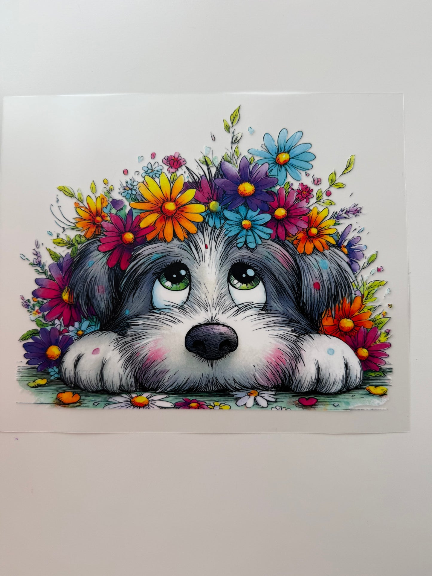 Textil-Sticker Hund mit Blumen / Kid size