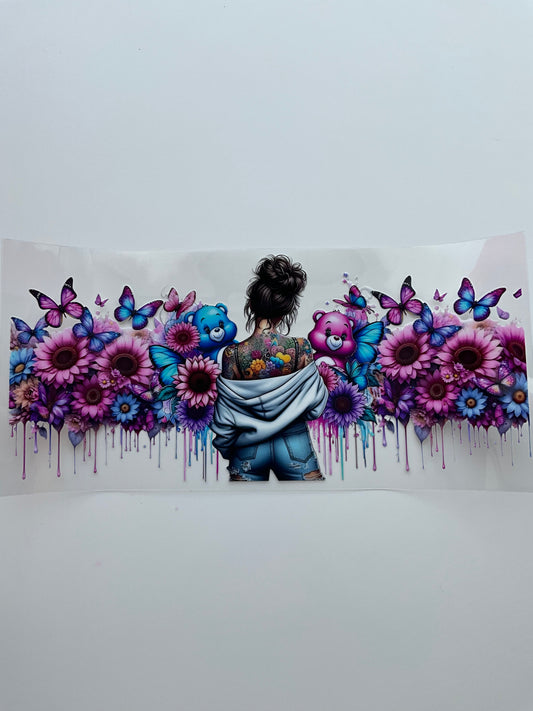 Girl pink blue flowers and hinging teddy bear