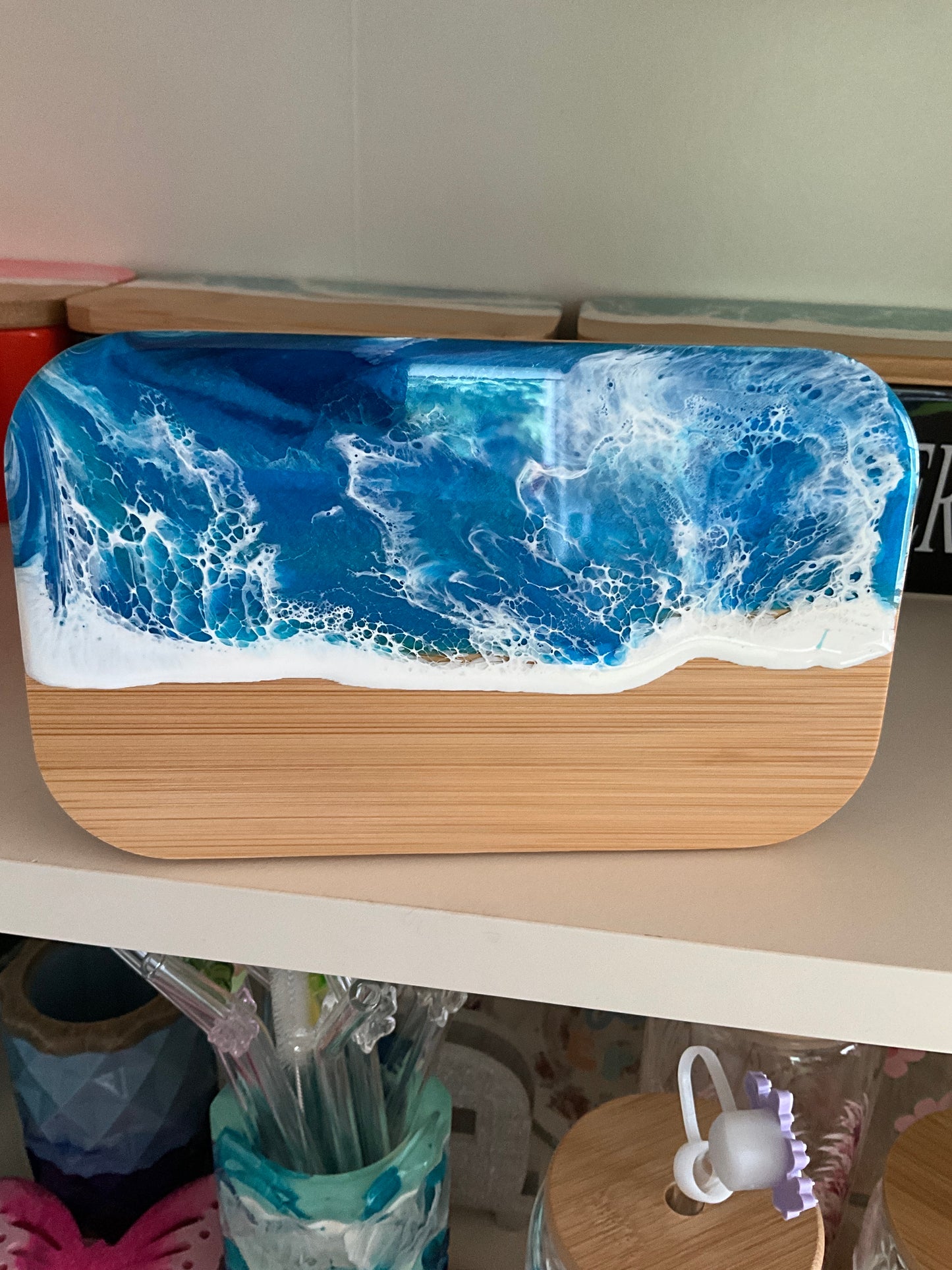 Butterdose mit Ocean Art Deckel aus Resin Bambus Keramik handveredelt maritime Kuechendeko Geschenkidee Unikat Küchenaccessoire
