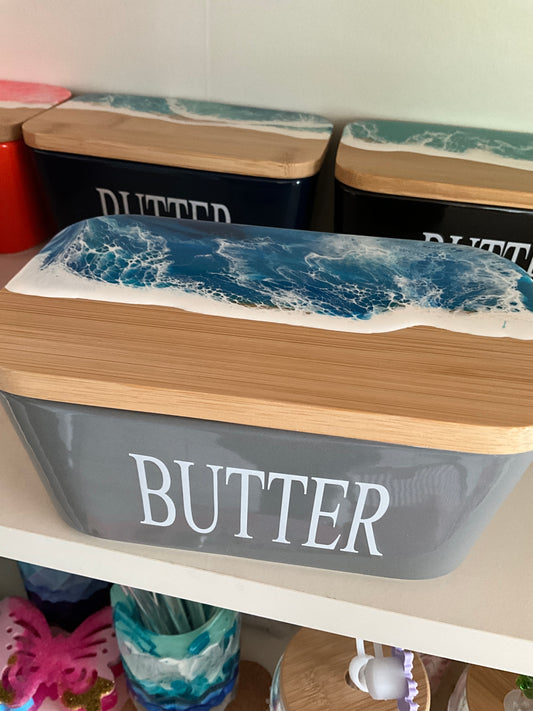 Butterdose mit Ocean Art Deckel aus Resin Bambus Keramik handveredelt maritime Kuechendeko Geschenkidee Unikat Küchenaccessoire
