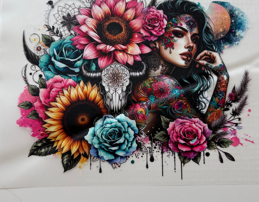 Textil-Sticker Tattoo girl und Blumen