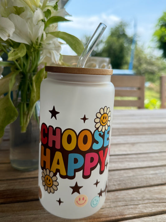 🌈 Frosted Design-Trinkglas „CHOOSE HAPPY“ – Original Art by Nic