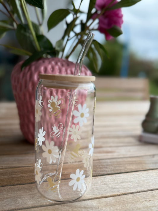 🌼🐝 Bee & Bloom – Design-Trinkglas mit Blumen & Bienen 🐝🌼