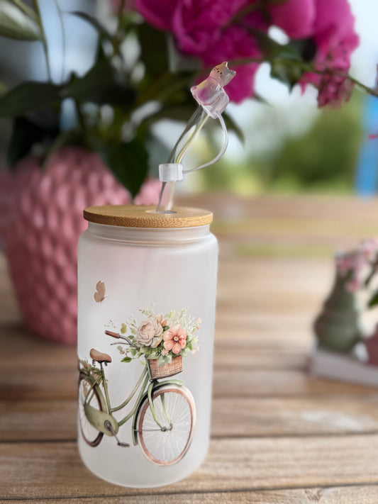 „Hollandrad mit Blumenkorb“ – handveredeltes gefrostetes Trinkglas (470 ml / 16 OZ)
