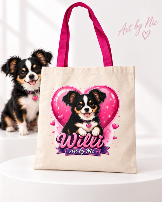 🩷 Willi Baumwolltasche – Art by Nic Edition Willi zum Mitnehmen! 🐶💗