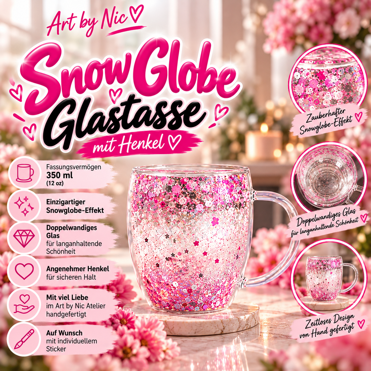 Art by Nic Snowglobe-Glastasse Josephine  mit Henkel – 350 ml 🩷