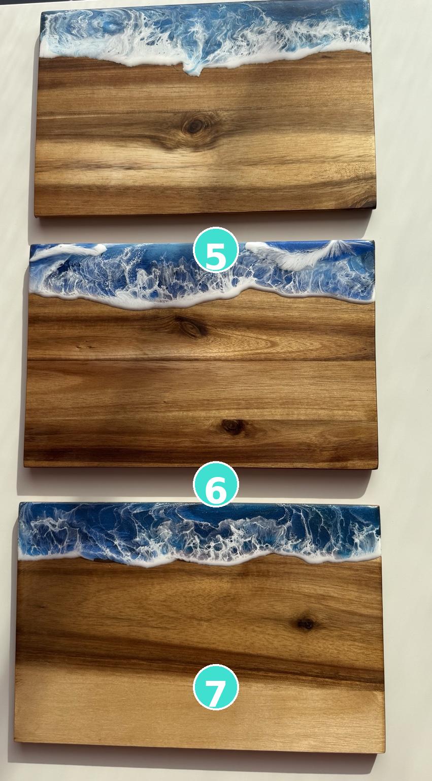 „Ocean Breeze – handveredelte Akazienholz-Brettchen mit Resin-Wellen“