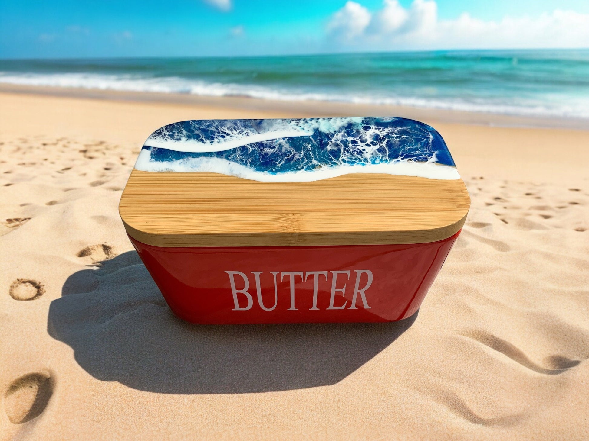 Butterdose mit Ocean Art Deckel aus Resin Bambus Keramik handveredelt maritime Kuechendeko Geschenkidee Unikat Küchenaccessoire