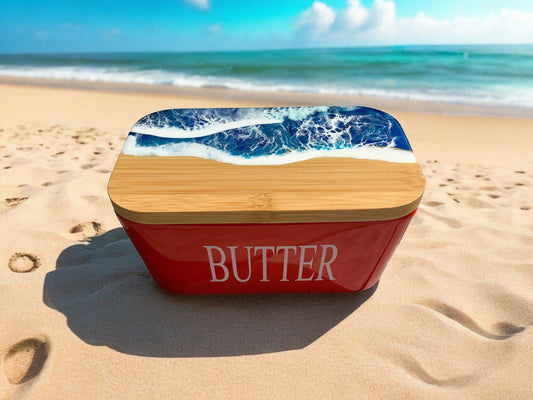 Butterdose mit Ocean Art Deckel aus Resin Bambus Keramik handveredelt maritime Kuechendeko Geschenkidee Unikat Küchenaccessoire
