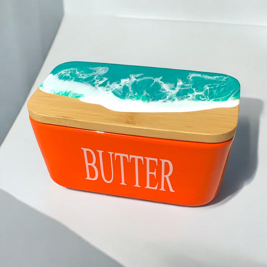 Butterdose mit Ocean Art Deckel aus Resin Bambus Keramik handveredelt maritime Kuechendeko Geschenkidee Unikat Küchenaccessoire