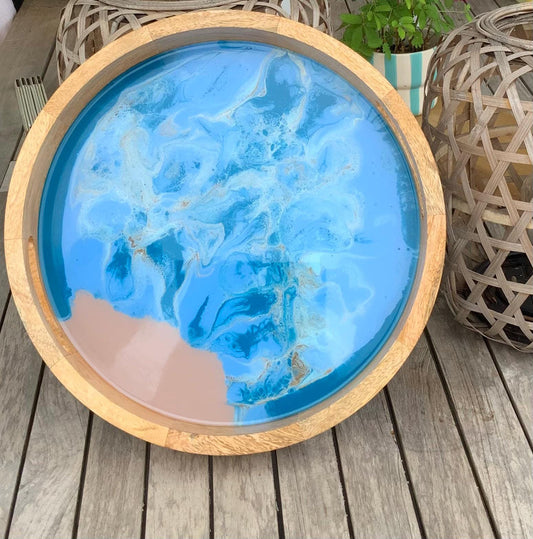 Mango Holz Tablett mit Resin Ocean Art rund Deko Geschenk maritim