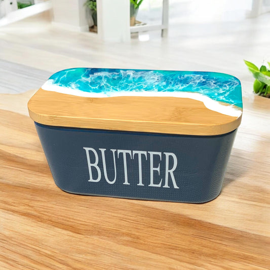 Butterdose mit Ocean Art Deckel aus Resin Bambus Keramik handveredelt maritime Kuechendeko Geschenkidee Unikat Küchenaccessoire