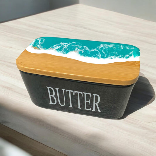 Butterdose mit Ocean Art Deckel aus Resin Bambus Keramik handveredelt maritime Kuechendeko Geschenkidee Unikat Küchenaccessoire