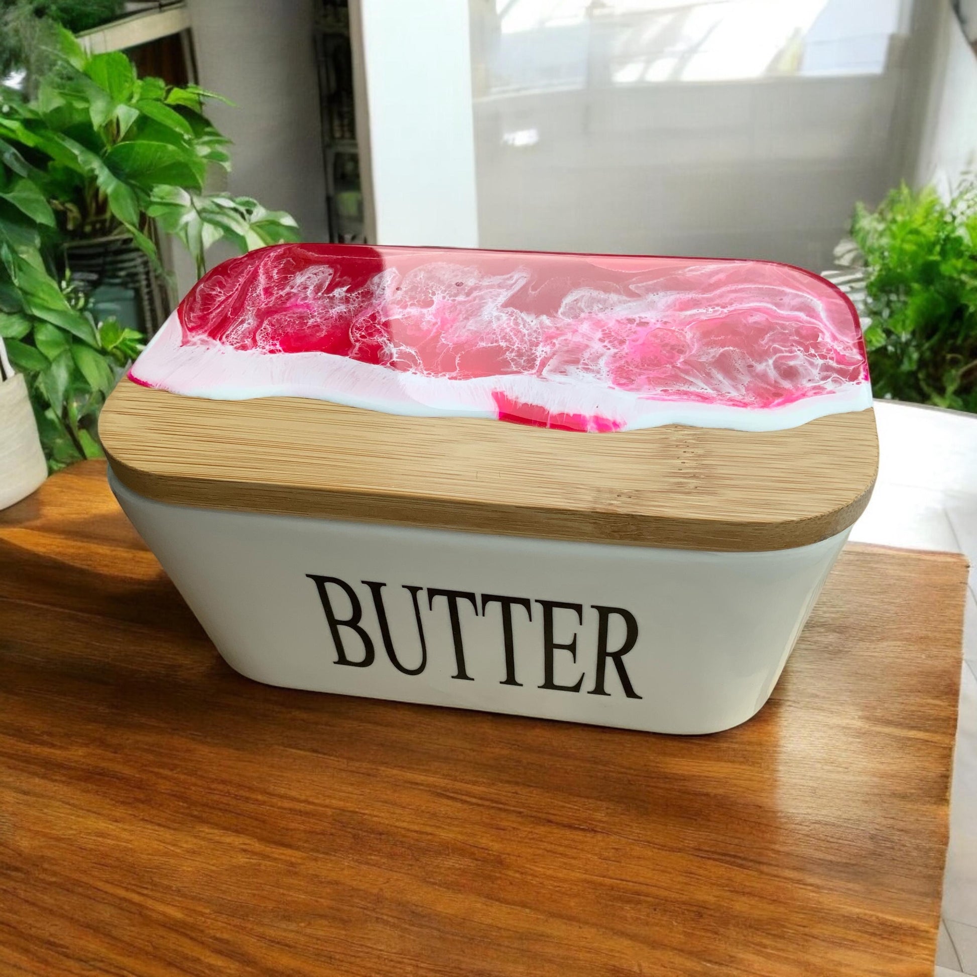 Butterdose mit Ocean Art Deckel aus Resin Bambus Keramik handveredelt maritime Kuechendeko Geschenkidee Unikat Küchenaccessoire