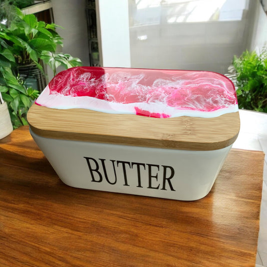 Butterdose mit Ocean Art Deckel aus Resin Bambus Keramik handveredelt maritime Kuechendeko Geschenkidee Unikat Küchenaccessoire
