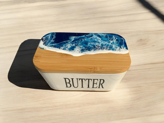 Butterdose mit Ocean Art Deckel aus Resin Bambus Keramik handveredelt maritime Kuechendeko Geschenkidee Unikat Küchenaccessoire