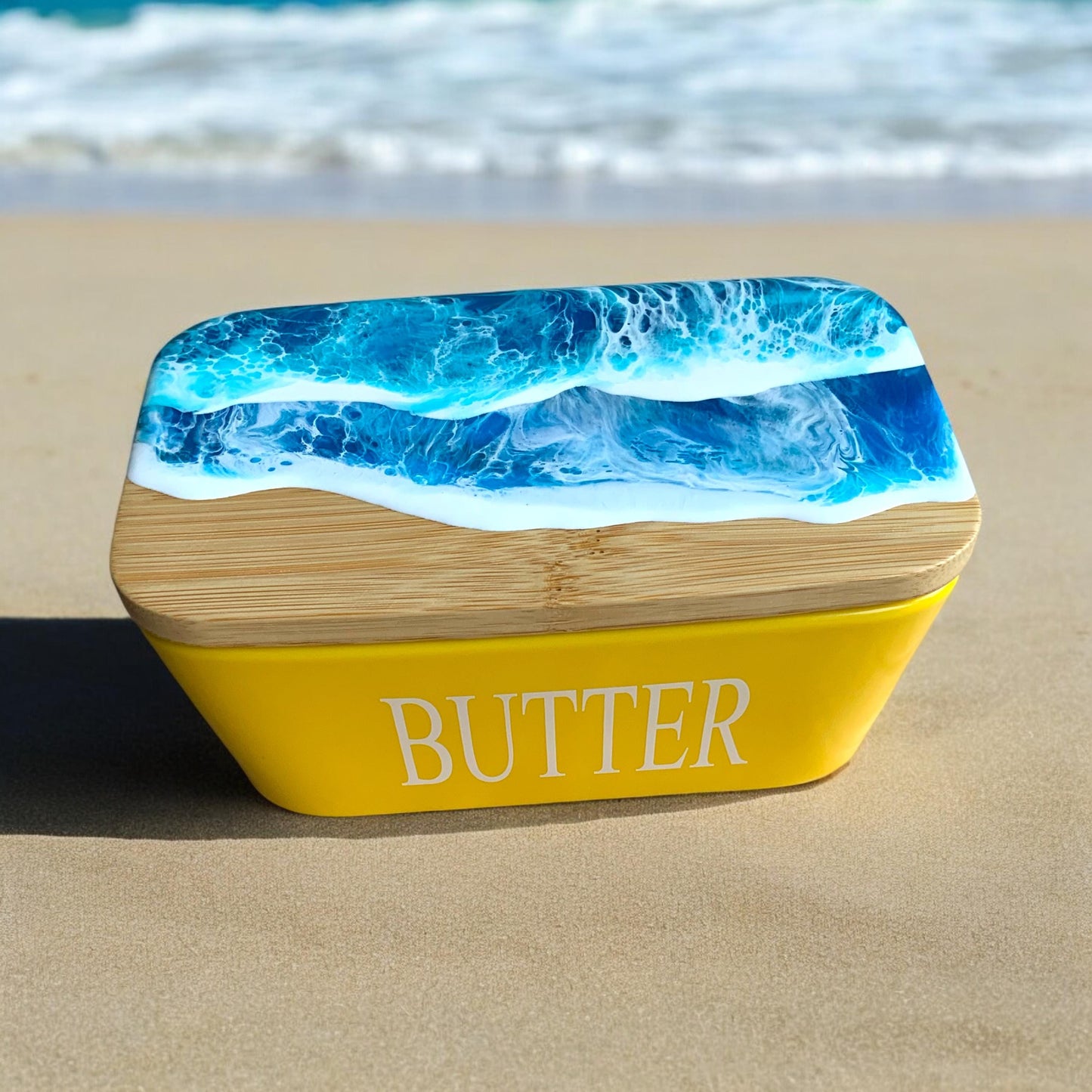 Butterdose mit Ocean Art Deckel aus Resin Bambus Keramik handveredelt maritime Kuechendeko Geschenkidee Unikat Küchenaccessoire