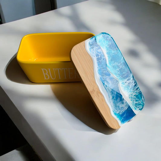 Butterdose mit Ocean Art Deckel aus Resin Bambus Keramik handveredelt maritime Kuechendeko Geschenkidee Unikat Küchenaccessoire