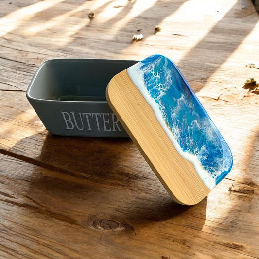Butterdose mit Ocean Art Deckel aus Resin Bambus Keramik handveredelt maritime Kuechendeko Geschenkidee Unikat Küchenaccessoire
