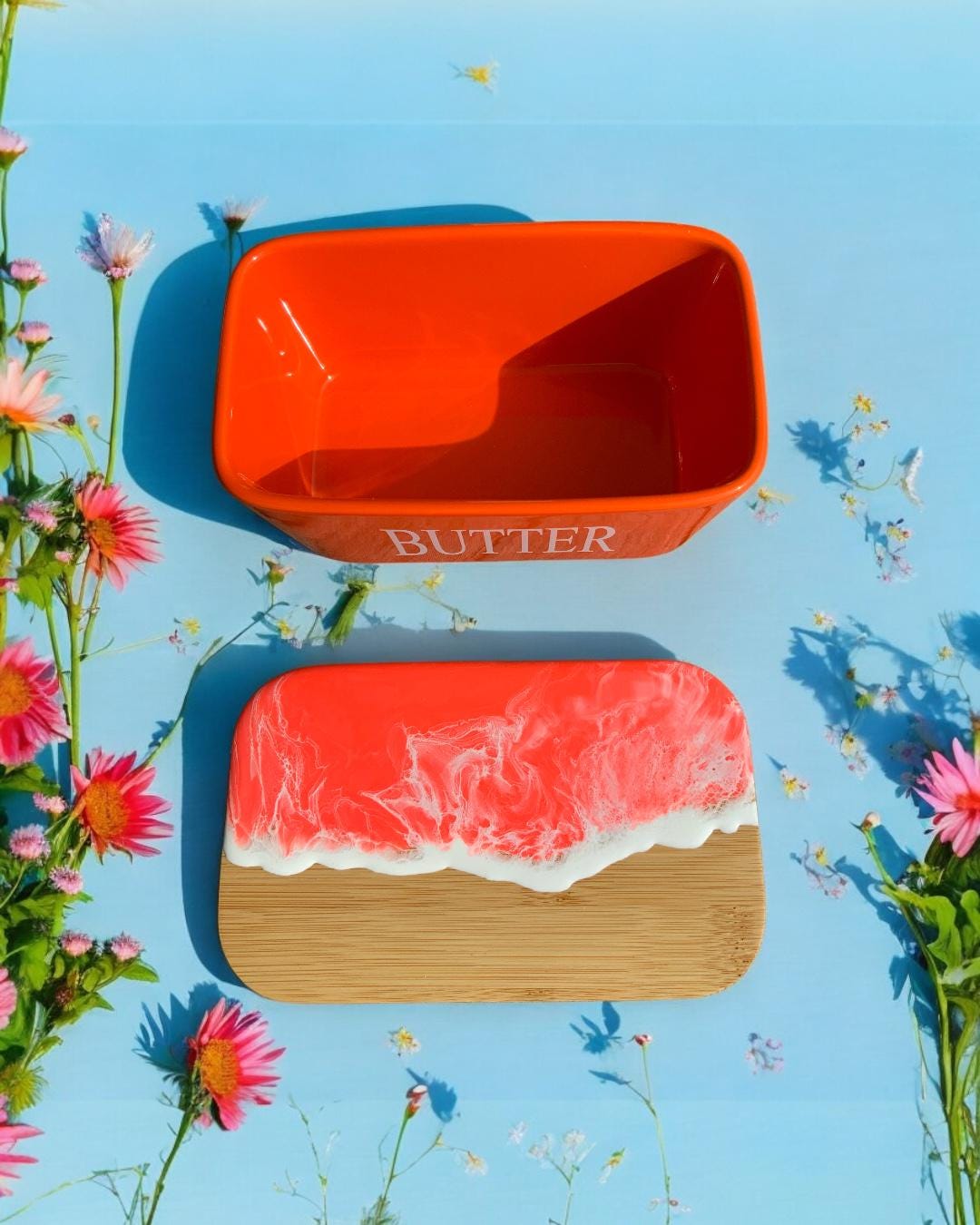 Butterdose mit Ocean Art Deckel aus Resin Bambus Keramik handveredelt maritime Kuechendeko Geschenkidee Unikat Küchenaccessoire