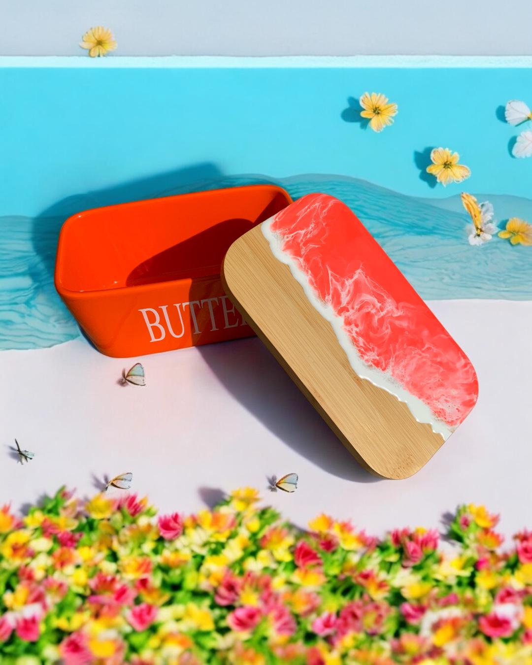 Butterdose mit Ocean Art Deckel aus Resin Bambus Keramik handveredelt maritime Kuechendeko Geschenkidee Unikat Küchenaccessoire