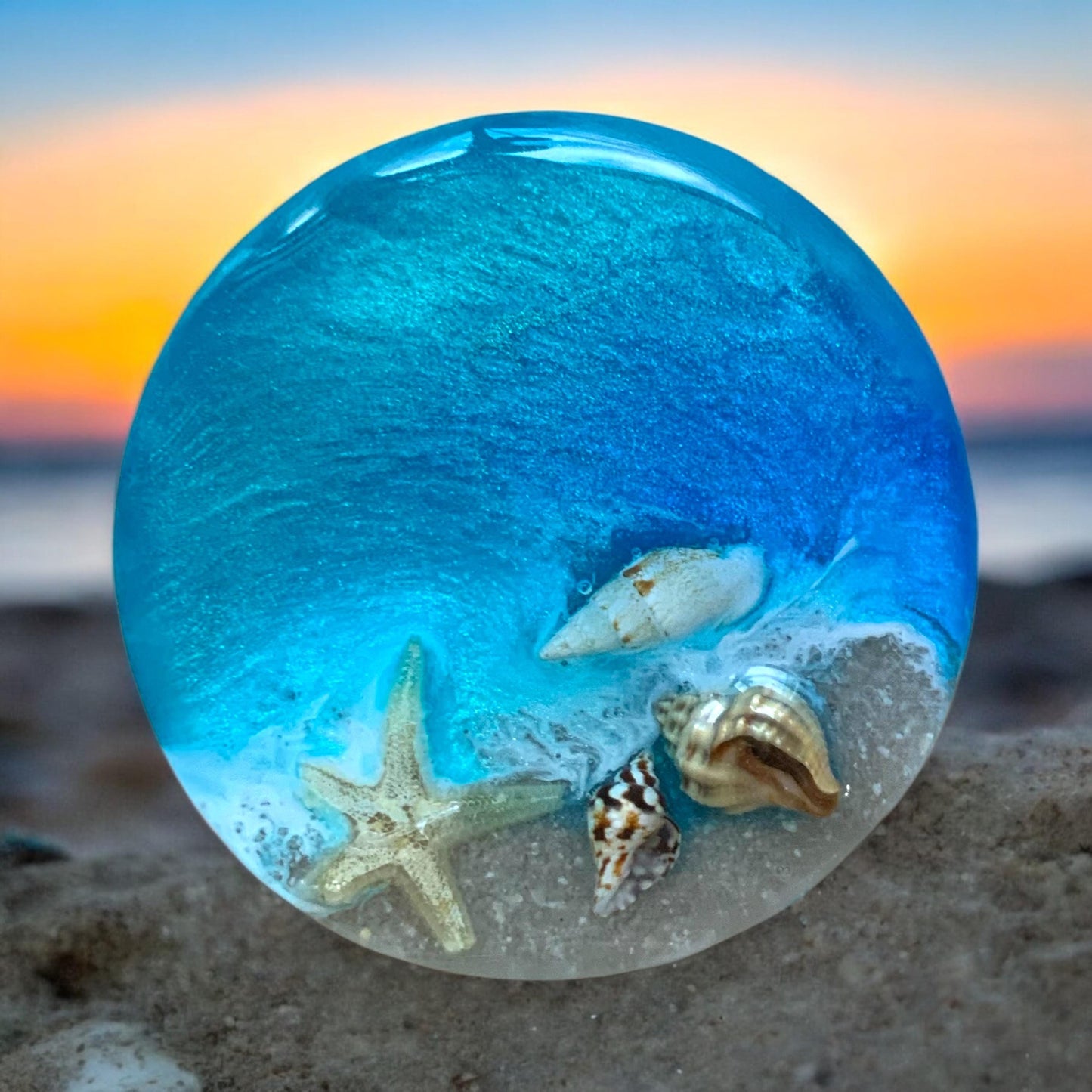 Handyhalter Ocean Art Resin mit Muscheln und Sand Handgemacht Handy Grip Pop Socket Smartphone Halterung Meer Seestern Glitzer Blau Handy