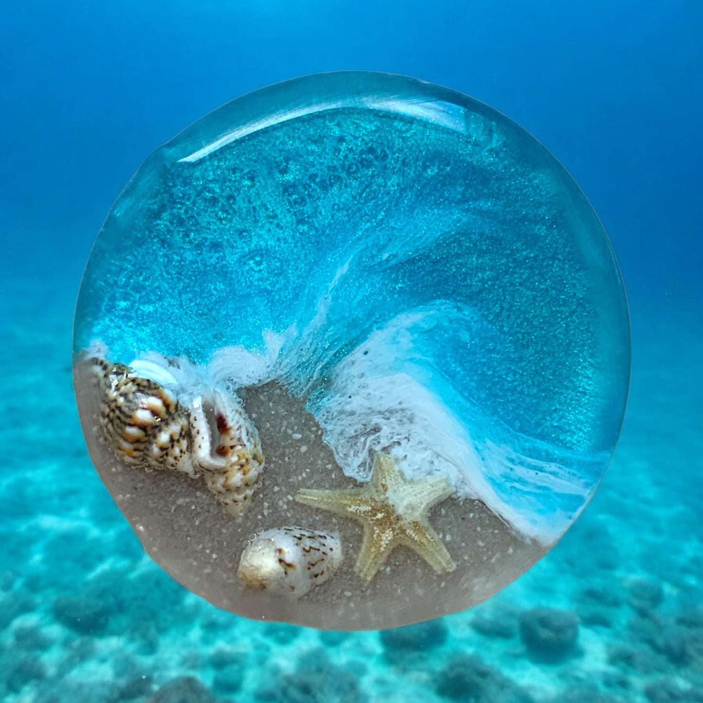 Handyhalter Ocean Art Resin mit Muscheln und Sand Handgemacht Handy Grip Pop Socket Smartphone Halterung Meer Seestern Glitzer Blau Handy