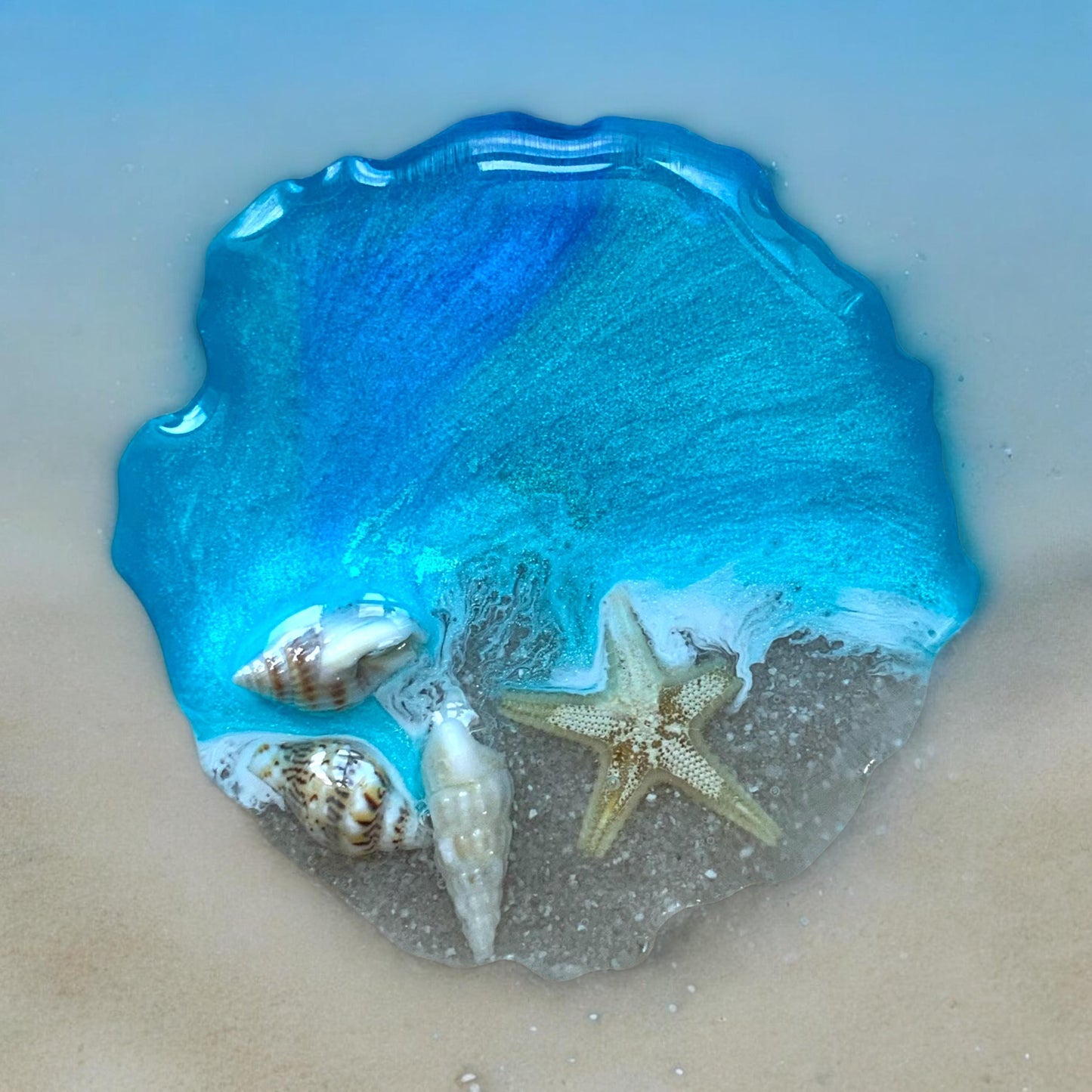 Handyhalter Ocean Art Resin mit Muscheln und Sand Handgemacht Handy Grip Pop Socket Smartphone Halterung Meer Seestern Glitzer Blau Handy