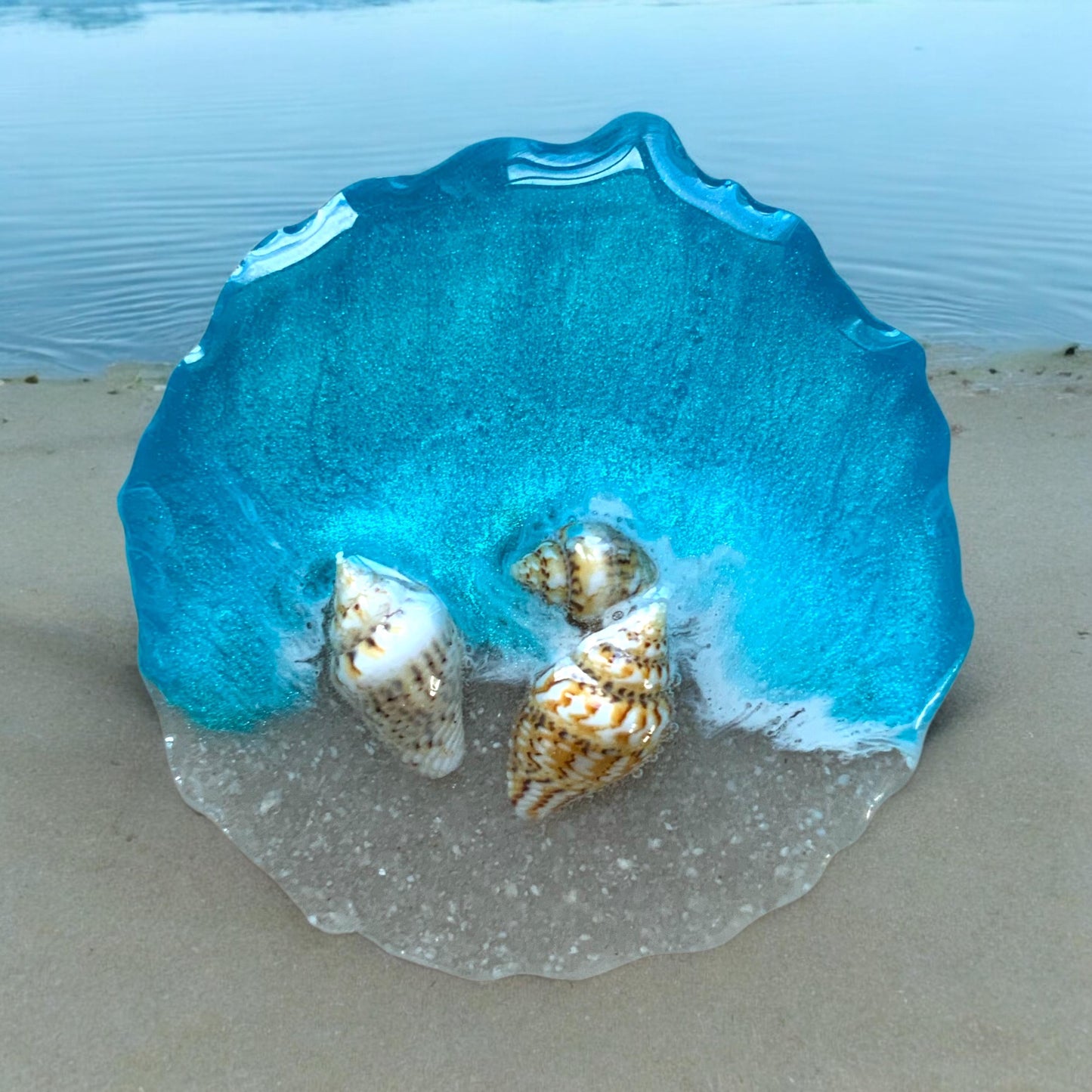 Handyhalter Ocean Art Resin mit Muscheln und Sand Handgemacht Handy Grip Pop Socket Smartphone Halterung Meer Seestern Glitzer Blau Handy