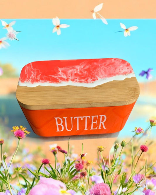 Butterdose mit Ocean Art Deckel aus Resin Bambus Keramik handveredelt maritime Kuechendeko Geschenkidee Unikat Küchenaccessoire