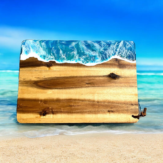 Großes Brett ocean art Servierbrett Käsebrett Akazienholz Schneidebrett Designbrett Wellen Holzbrett mit Wellen Geschenke maritim Meer