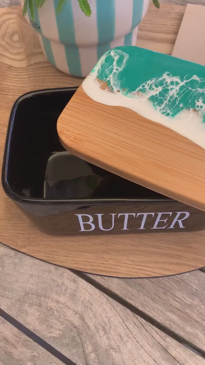 Butterdose mit Ocean Art Deckel aus Resin Bambus Keramik handveredelt maritime Kuechendeko Geschenkidee Unikat Küchenaccessoire