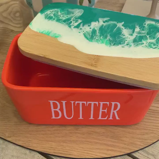 Butterdose mit Ocean Art Deckel aus Resin Bambus Keramik handveredelt maritime Kuechendeko Geschenkidee Unikat Küchenaccessoire