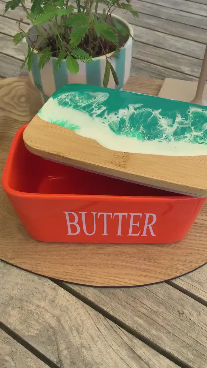 Butterdose mit Ocean Art Deckel aus Resin Bambus Keramik handveredelt maritime Kuechendeko Geschenkidee Unikat Küchenaccessoire