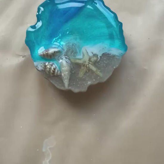 Handyhalter Ocean Art Resin mit Muscheln und Sand Handgemacht Handy Grip Pop Socket Smartphone Halterung Meer Seestern Glitzer Blau Handy