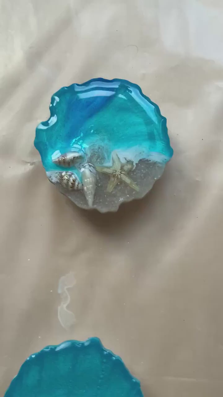 Handyhalter Ocean Art Resin mit Muscheln und Sand Handgemacht Handy Grip Pop Socket Smartphone Halterung Meer Seestern Glitzer Blau Handy