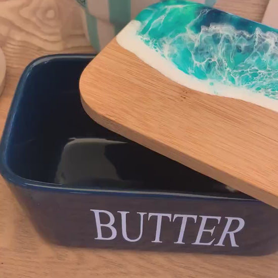 Butterdose mit Ocean Art Deckel aus Resin Bambus Keramik handveredelt maritime Kuechendeko Geschenkidee Unikat Küchenaccessoire