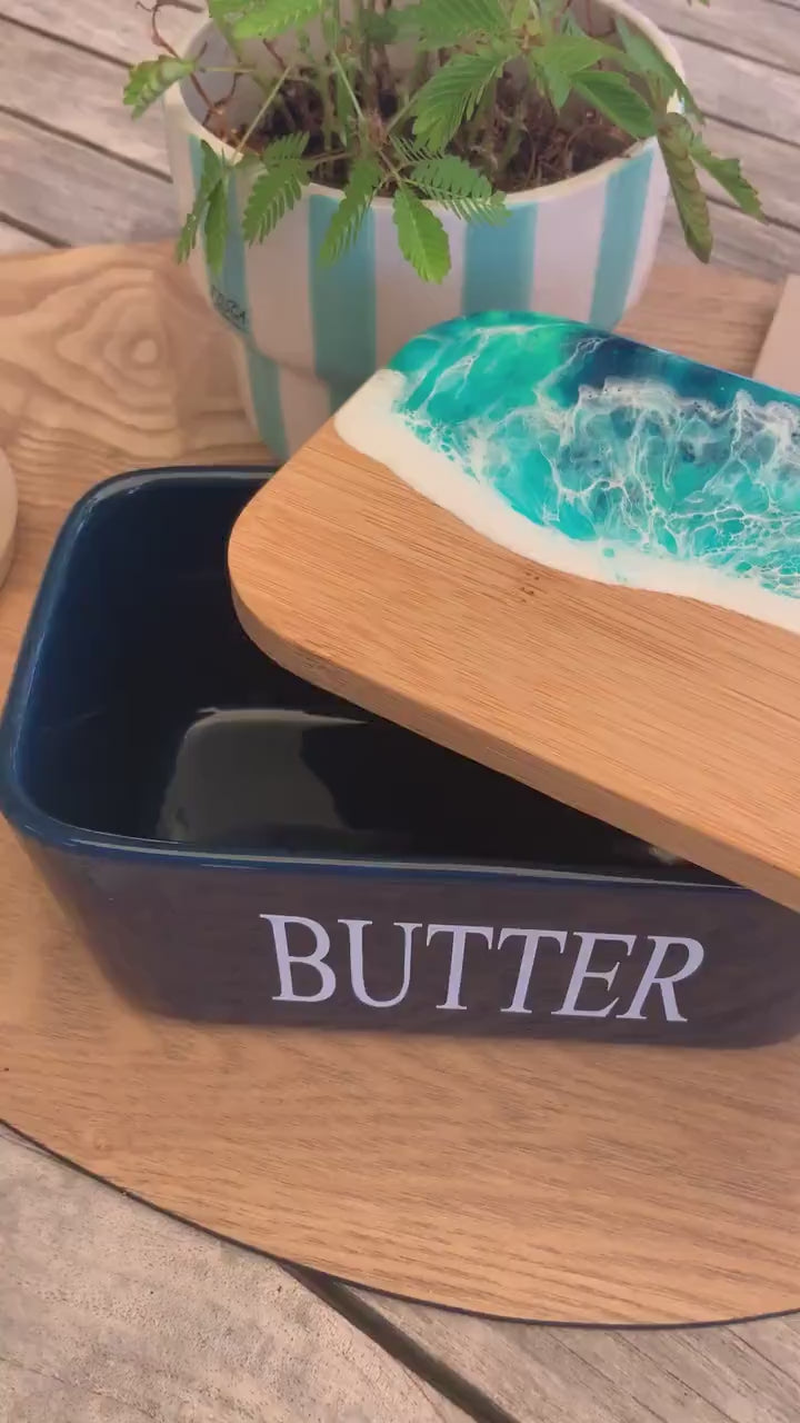 Butterdose mit Ocean Art Deckel aus Resin Bambus Keramik handveredelt maritime Kuechendeko Geschenkidee Unikat Küchenaccessoire