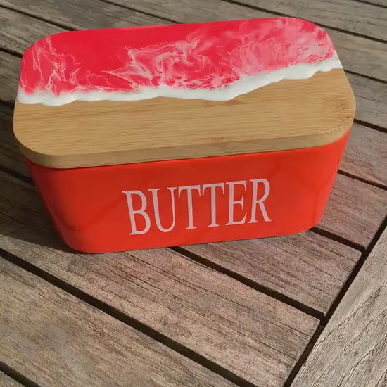 Butterdose mit Ocean Art Deckel aus Resin Bambus Keramik handveredelt maritime Kuechendeko Geschenkidee Unikat Küchenaccessoire