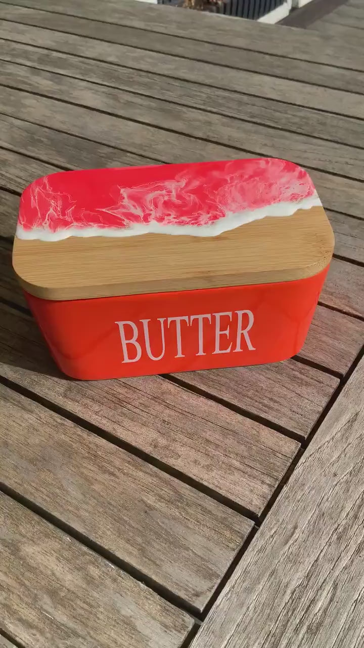 Butterdose mit Ocean Art Deckel aus Resin Bambus Keramik handveredelt maritime Kuechendeko Geschenkidee Unikat Küchenaccessoire